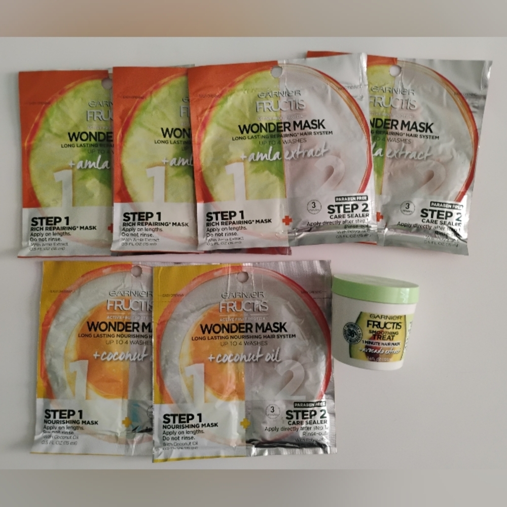 7 Pc. Garnier Fructis Hair Mask Smoothing Treat Avocado, Wondermask Amla Coconut